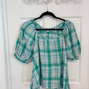 Free Assembly Plaid Peasant Blouse in Green/Light Blue.  Size L